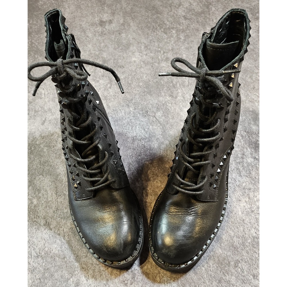 ASH Womens SZ 8 Black Leather Studded Zip-Up/Lace-Up Combat Boots,Goth Grunge